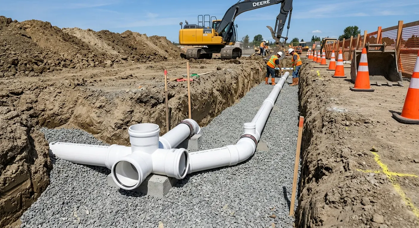 New PVC sewer pipe installation in open trench for Sewer Backup in Manasquan