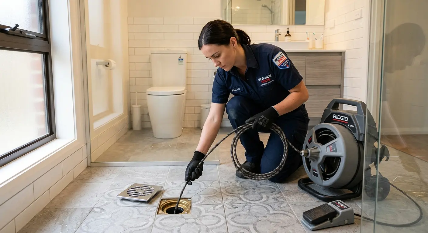 Technician clearing a bathroom floor drain for Drain Cleaning in Manasquan